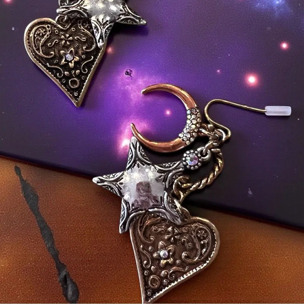 Boho Silver, Copper, and Bronze Toned Star and Heart Earrings Celestial Witchy